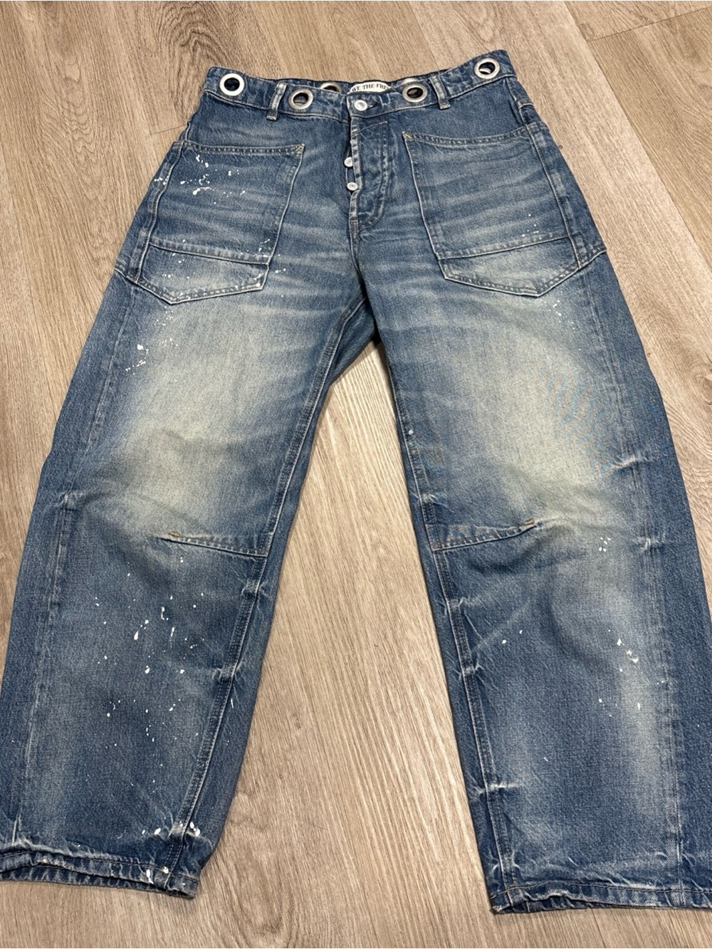 We The Free Jeans Womens 26 Moxie Low Slung Pull On Barrel Blue Paint Splatter